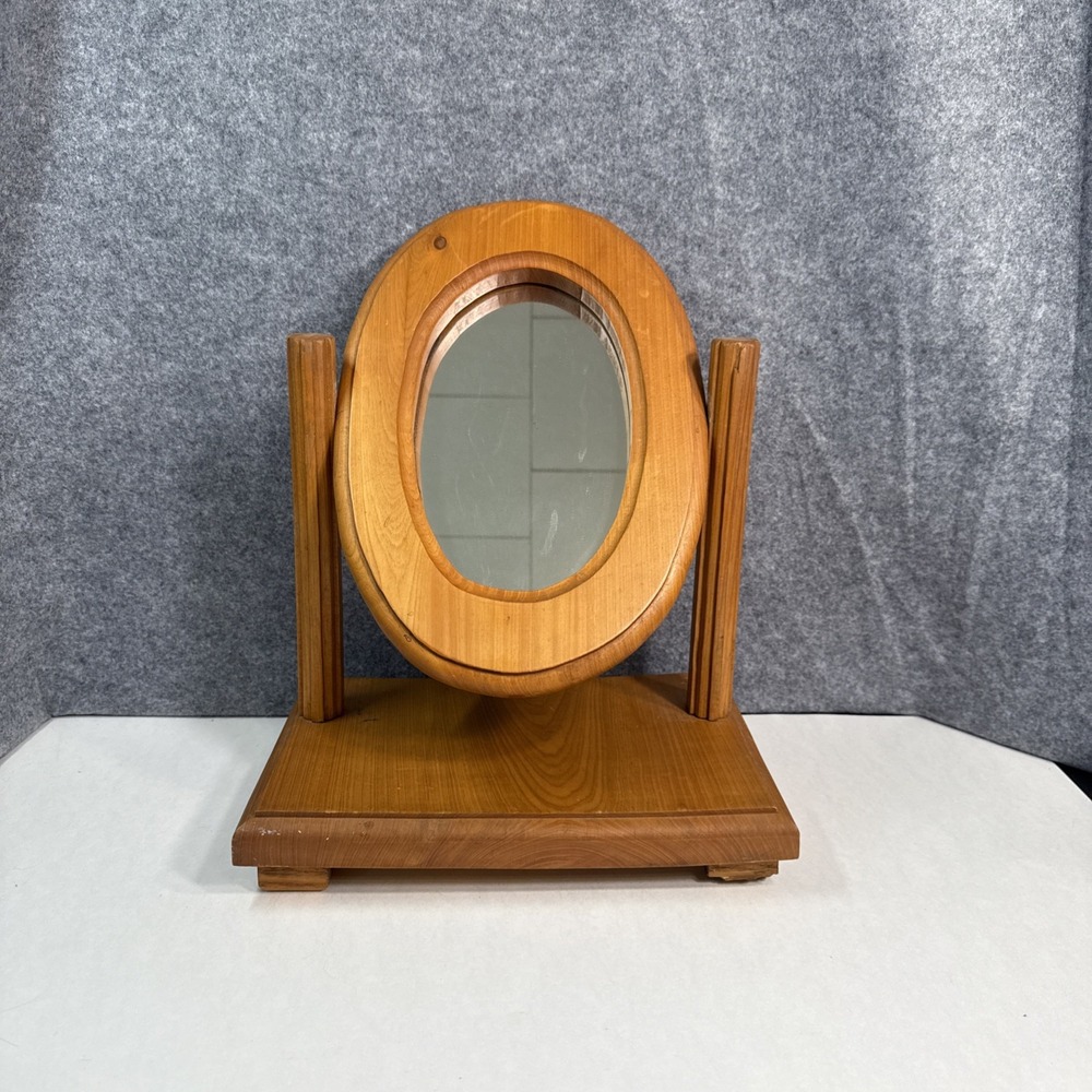 Wooden Vanity Mirror Oval Design Poseable Vintage